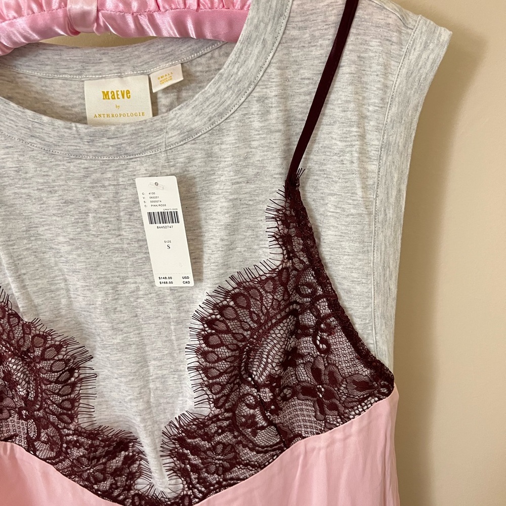 Maeve. Anthropologie. Pink and Butgandy Lace T-shirt Faux-Slip Dress. New w/Tag